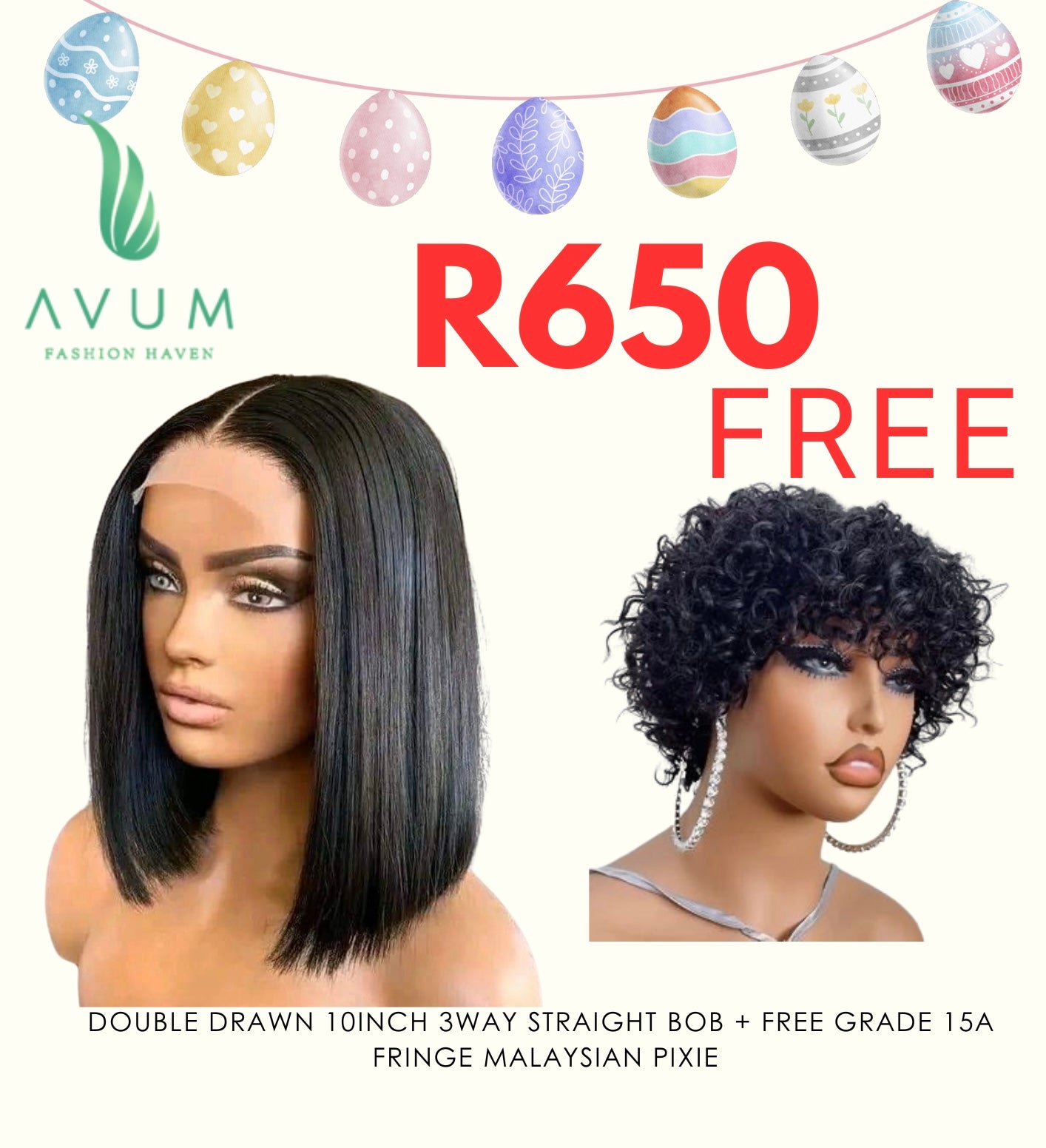 3way 10inch double drawn Bob + fringe Malaysian pixie - Avum Fashion Haven