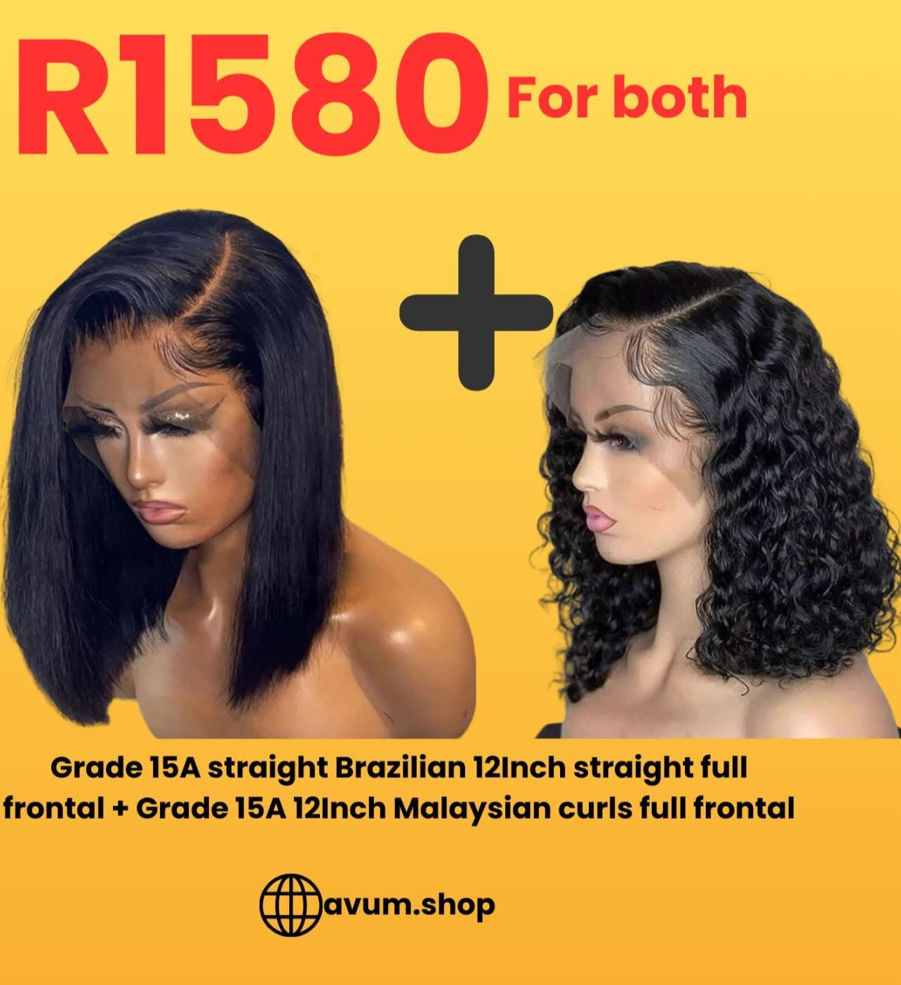 12inch full frontal Bob + 12inch full frontal Malaysian curls