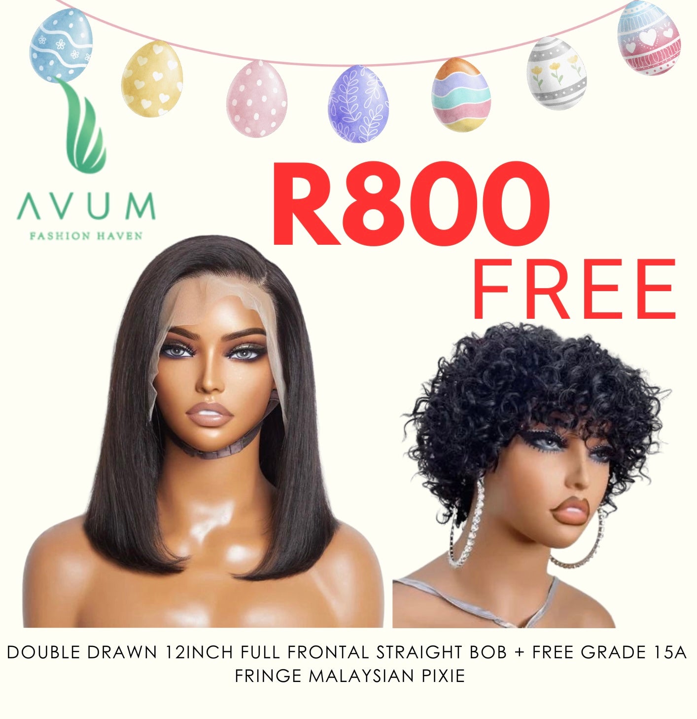 Full frontal 12inch double drawn + free fringe Malaysian pixie - Avum Fashion Haven
