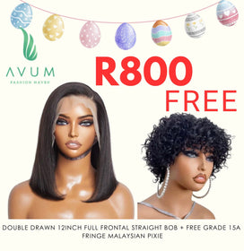 Full frontal 12inch double drawn + free fringe Malaysian pixie - Avum Fashion Haven